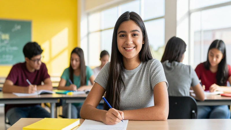 Estudiante mexicano diverso sonríe en entorno educativo vibrante
