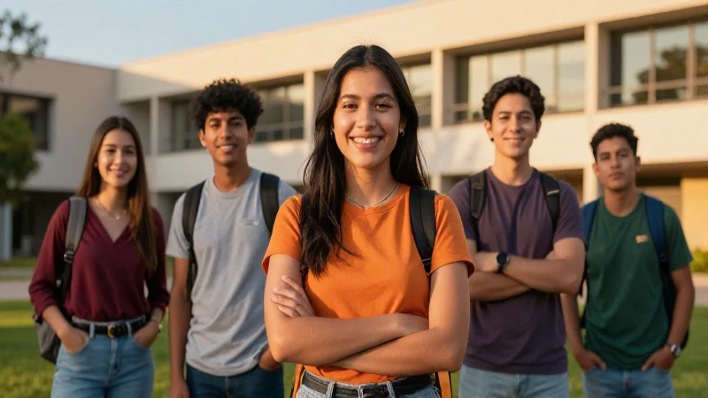 Estudiante mexicano sonriente en campus moderno al atardecer