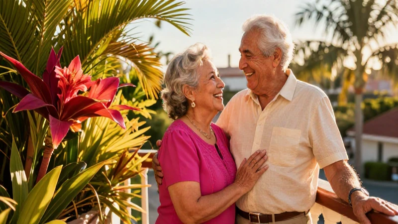 Pareja mexicana feliz disfruta su balcón con sol y prosperidad
