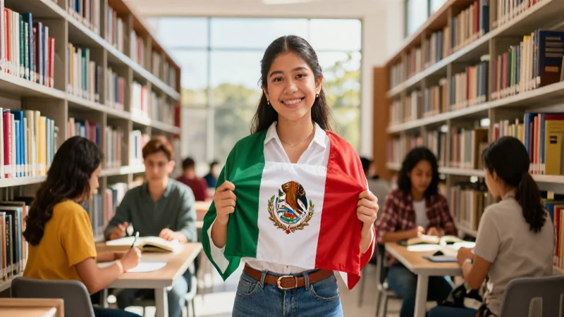 Estudiante mexicano celebra un logro en la biblioteca moderna