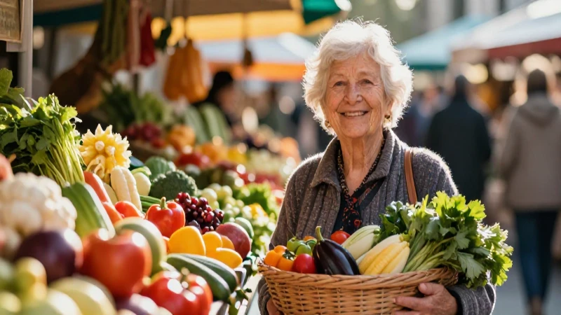 Mujer sonriente con cesta en el vibrante mercado