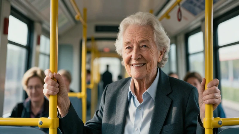 Anciana sonríe en moderno transporte