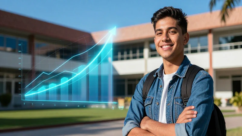 Joven mexicano sonríendo con gráficos brillantes en campus