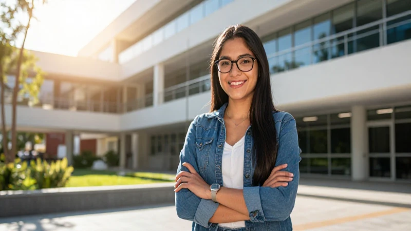 Retrato luminoso de estudiante mexicana en campus moderno
