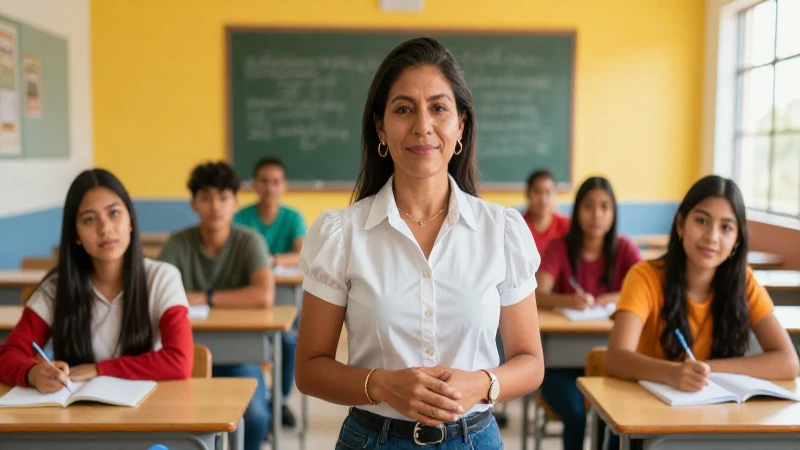 Educadora mexicana en vibrante aula moderna