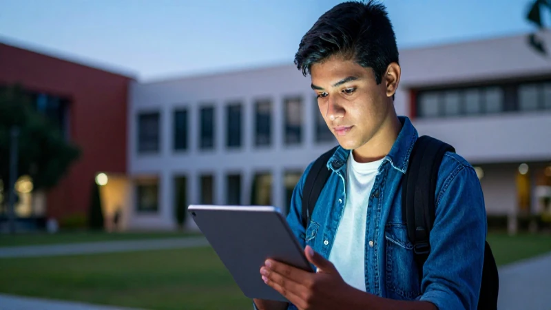 Estudiante mexicano moderno con tablet en campus universitario