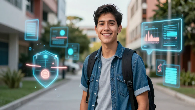 Estudiante sonriente en campus digital y progresista