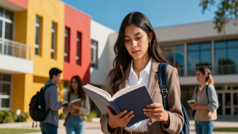 Estudiante mexicano vibrante, libro y campus moderno