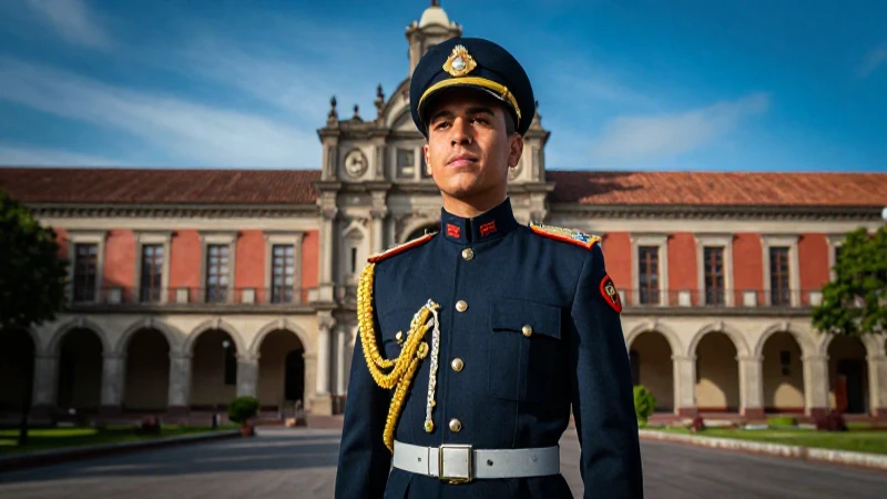 Cadete mexicano en uniforme con fondo majestuoso