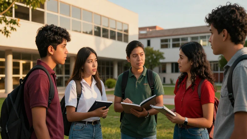 Estudiantes mexicanos vibrantes en campus moderno