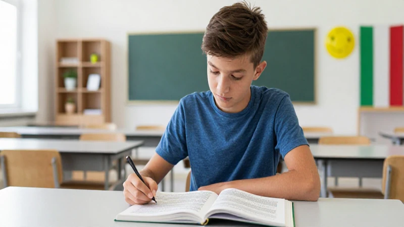 Estudiante estudiando italiano en aula moderna