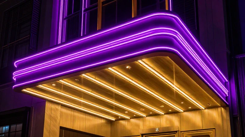 Fachada cinematográfica moderna con luces vibrantes