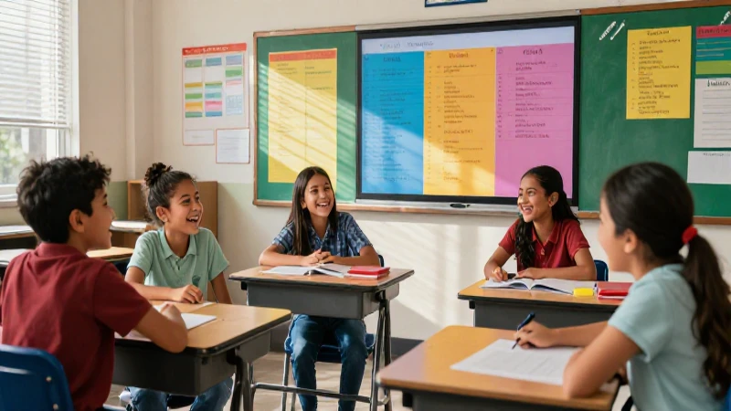 Niños mexicanos felices colaborando en clase luminosa