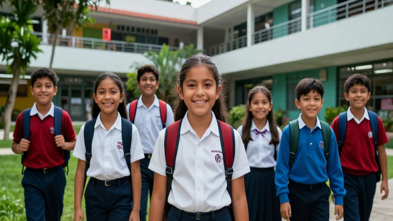 Niños mexicanos sonriente en vibrante escuela