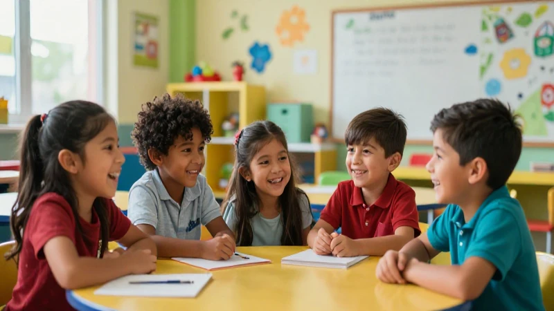 Niños mexicanos alegres en aula colorida