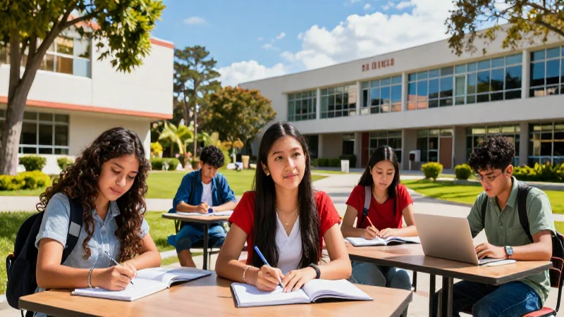 Estudiantes mexicanos diversos en campus moderno y vibrante