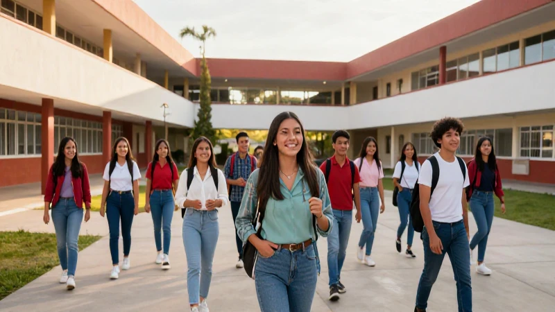 Estudiantes mexicanos felices en moderno campus escolar