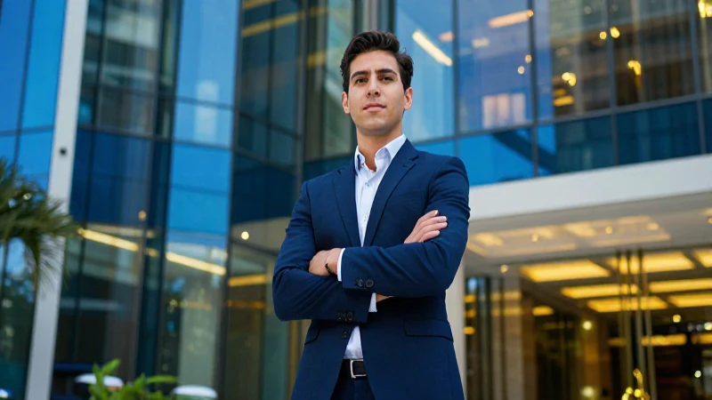Joven profesional mexicano en un moderno lobby financiero