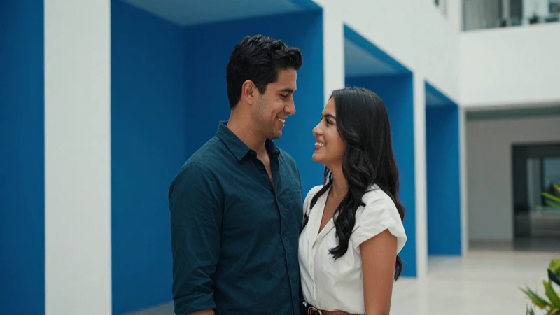Pareja mexicana sonriente en moderno interior arquitectónico
