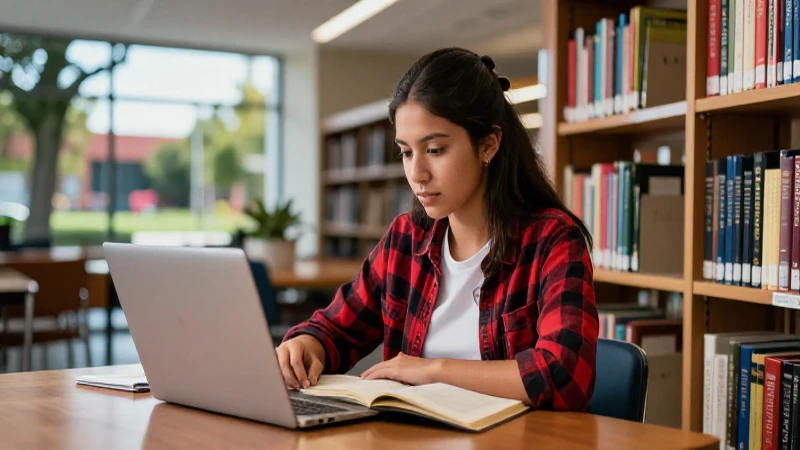 Estudiante mexicano en librería moderna y vibrante