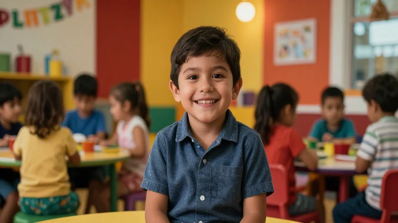 Niño mexicano feliz en guardería moderna