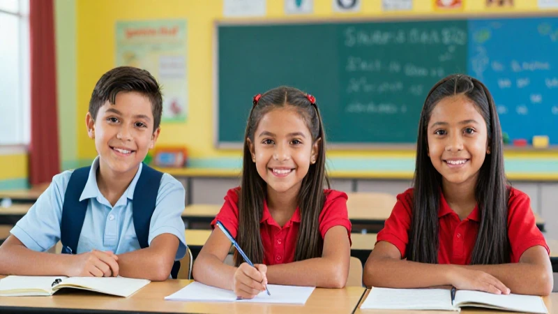Niños mexicanos sonriendo en aula moderna
