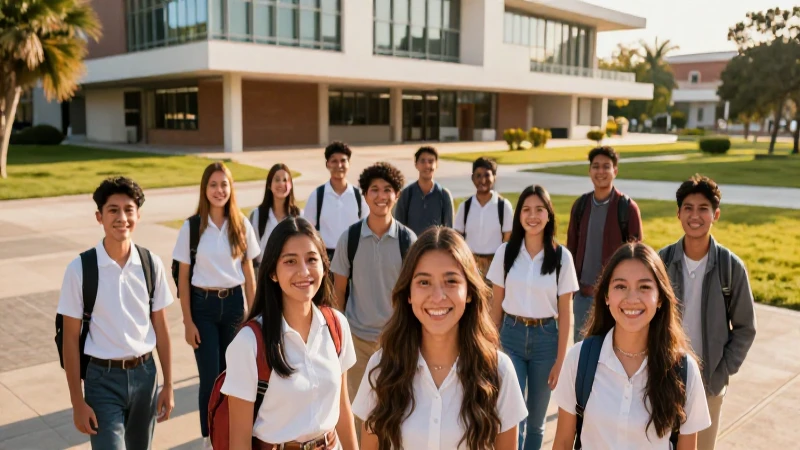 Estudiantes mexicanos sonríen en campus bajo luz dorada