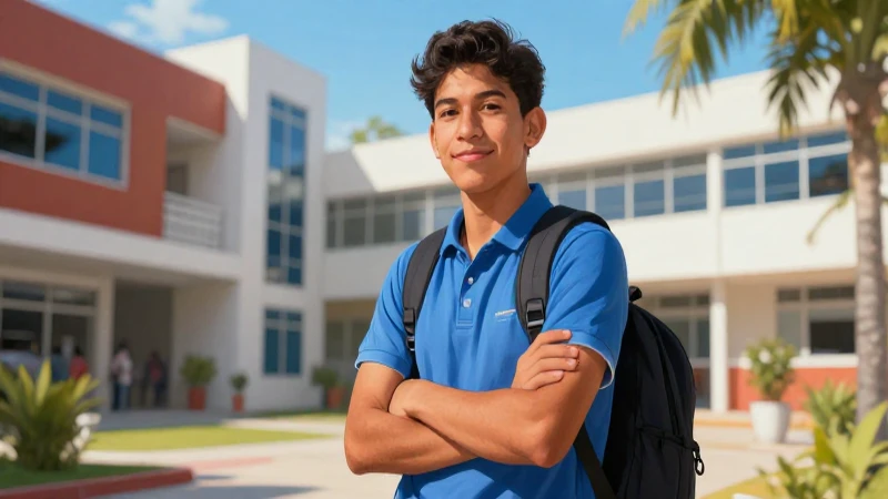 Estudiante mexicano en campus moderno, arte dinámico