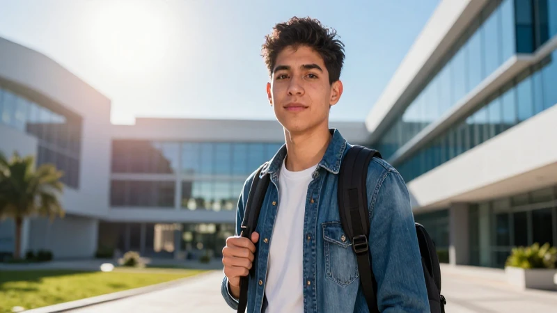 Estudiante mexicano vibrante en campus futurista