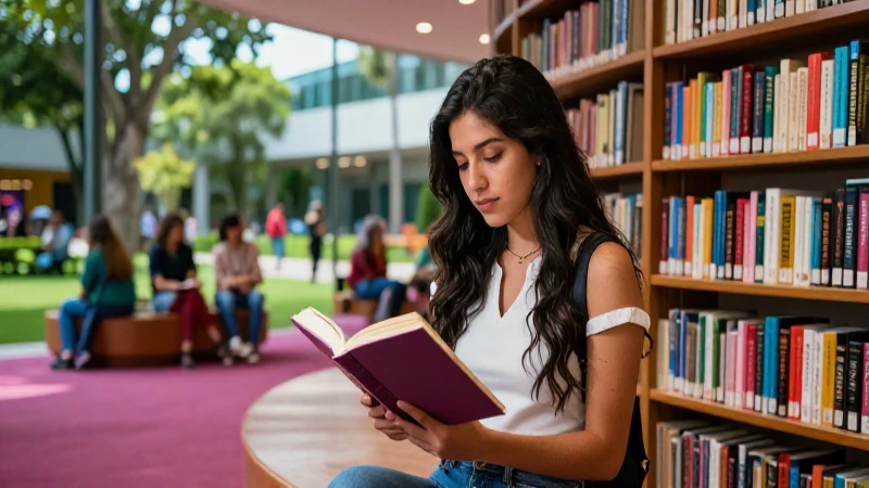 Estudiante mexicano leyendo en biblioteca moderna