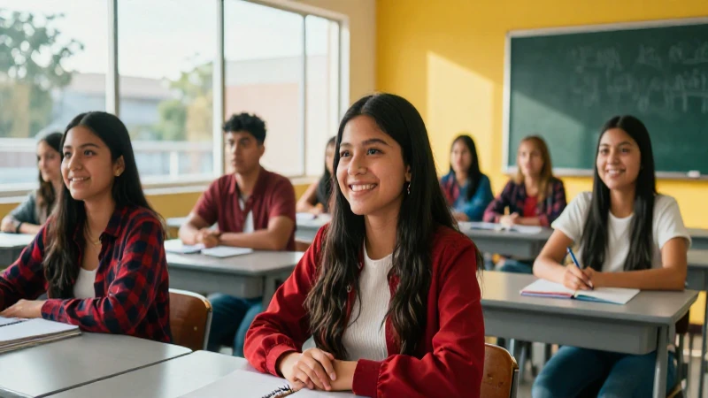Estudiante mexicana sonríe en aula moderna