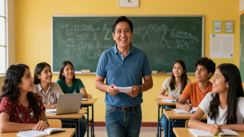 Educadora mexicana y alumnos en aula moderna