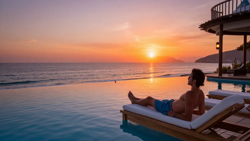 Viajero elegante en piscina infinita de Acapulco