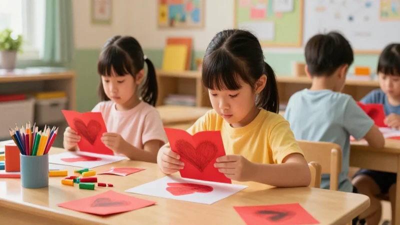 Niños hacen tarjetas de corazones rojos en un aula luminosa
