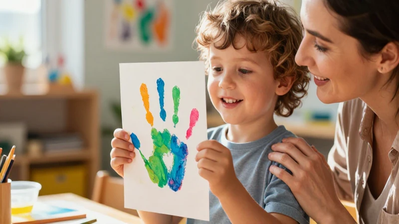 Niño alegre con madre en taller colorido