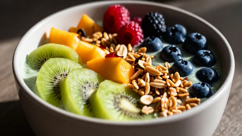 Bowl de frutas vibrante y fotorrealista