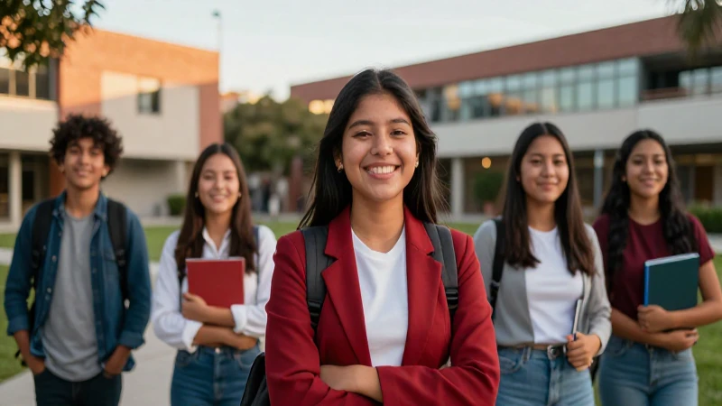 Estudiantes mexicanos exitosos en campus universitario moderno