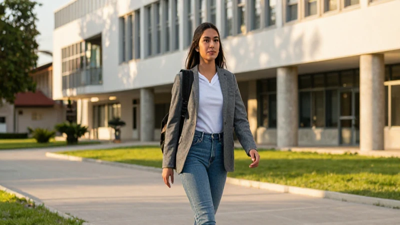 Estudiante ambiciosa camina en campus dorado