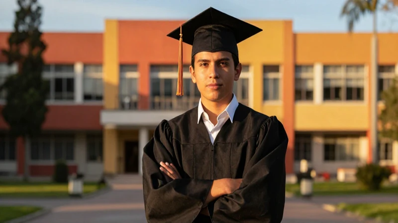 Estudiante mexicano graduándose en un campus dorado