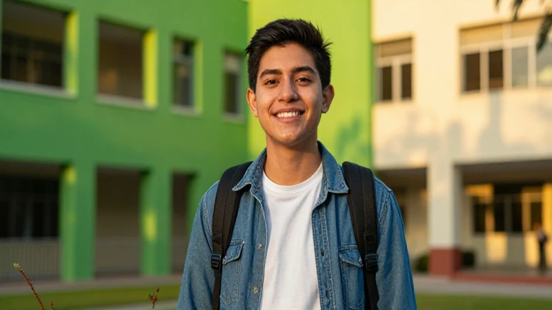 Estudiante sonriente en campus verde bajo luz dorada