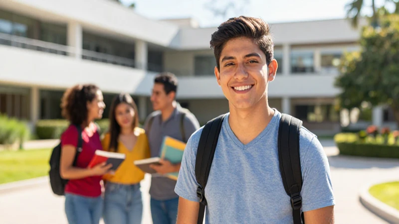 Estudiante mexicano sonriente en campus vibrante