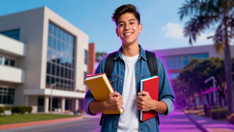Estudiante mexicano exitoso en campus moderno