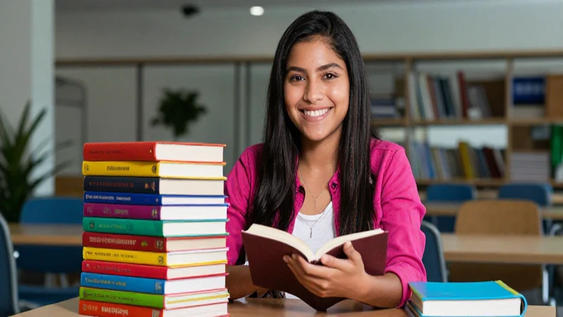 Estudiante sonriente en campus educativo vibrante