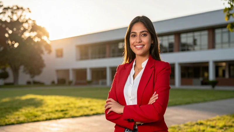 Joven maestra mexicana en un campus universitario iluminado
