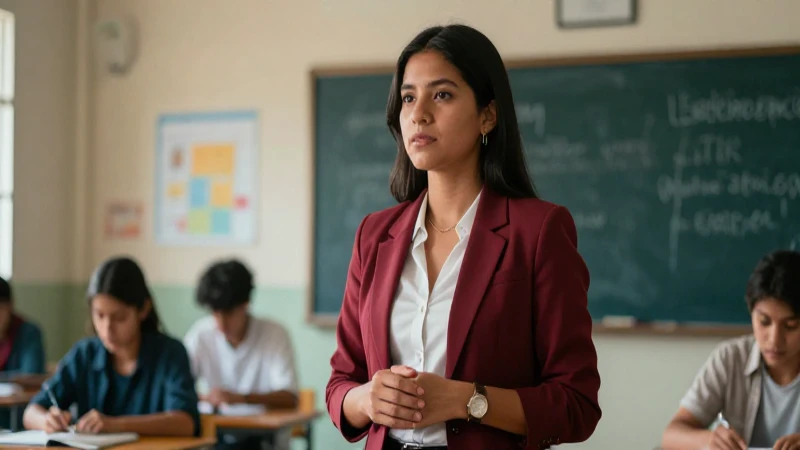 Educadora mexicana con mirada determinada y luz dramática