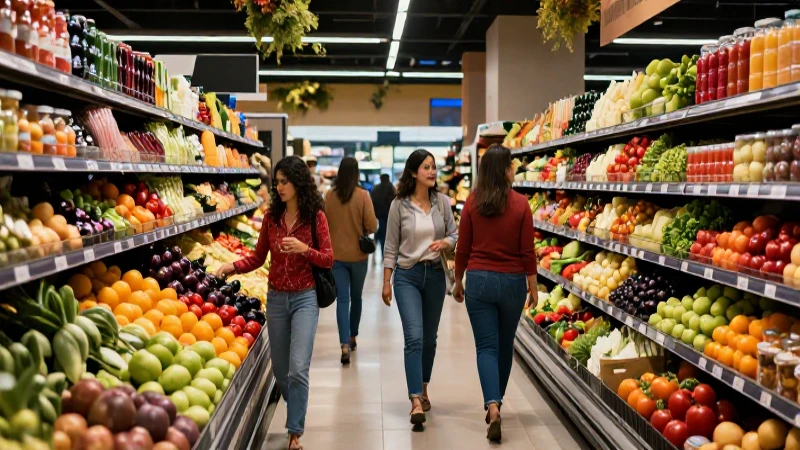 Consumidores en pasillo moderno con vibrantes productos mexicanos