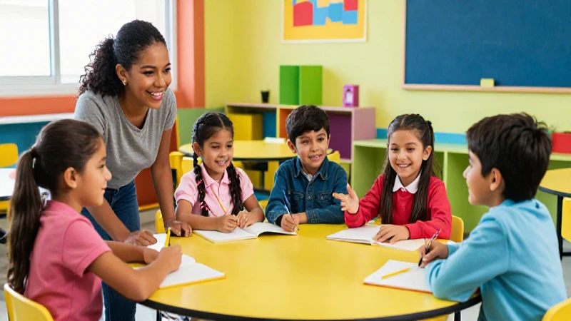 Mexican niños sonriendo en aula moderna
