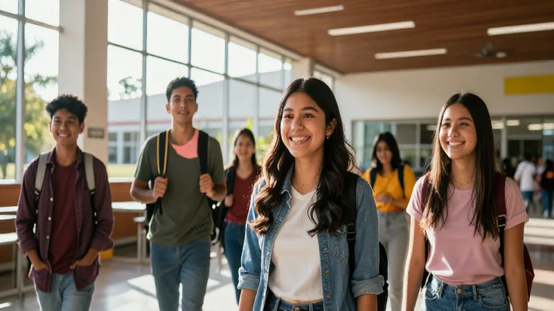 Estudiantes mexicanos sonriendo en campus moderno