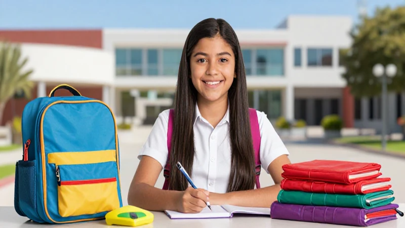 Estudiante sonriente con útiles coloridos en campus moderno