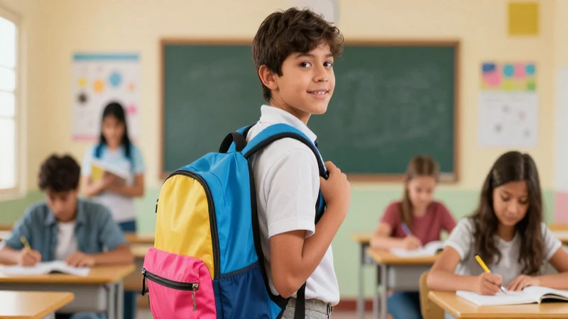 Estudiante mexicano con mochila en aula moderna